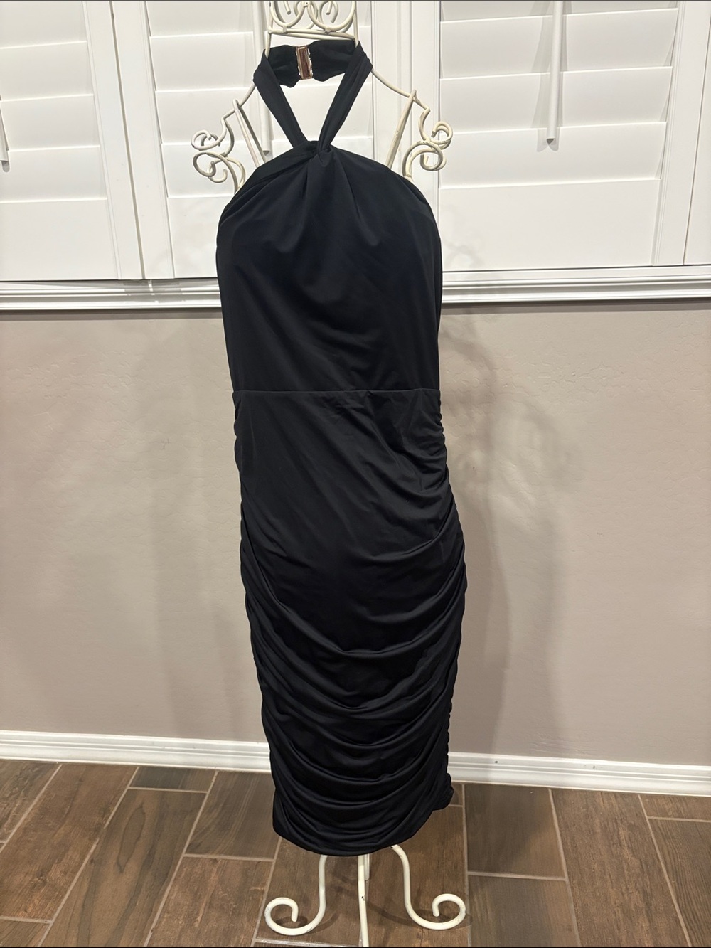 Black Halter Ruched Bodycon Dress - Women's